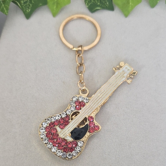 Gold with Clear And Pink Rhinestone Guitar Keychain - Picture 1 of 6
